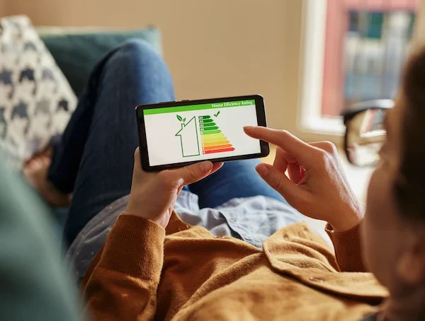 Man kijkt naar de energiezuinigheid van zijn woning terwijl hij in de zetel ligt