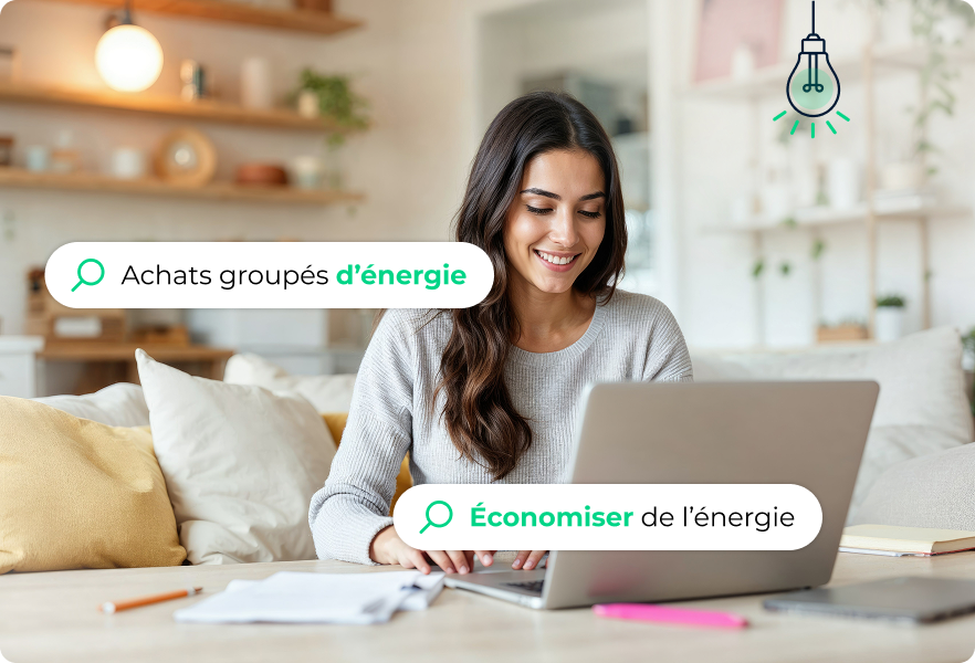 Une femme est assise à une table et utilise son ordinateur portable pour s'inscrire à l'achat groupé de Wikipower.